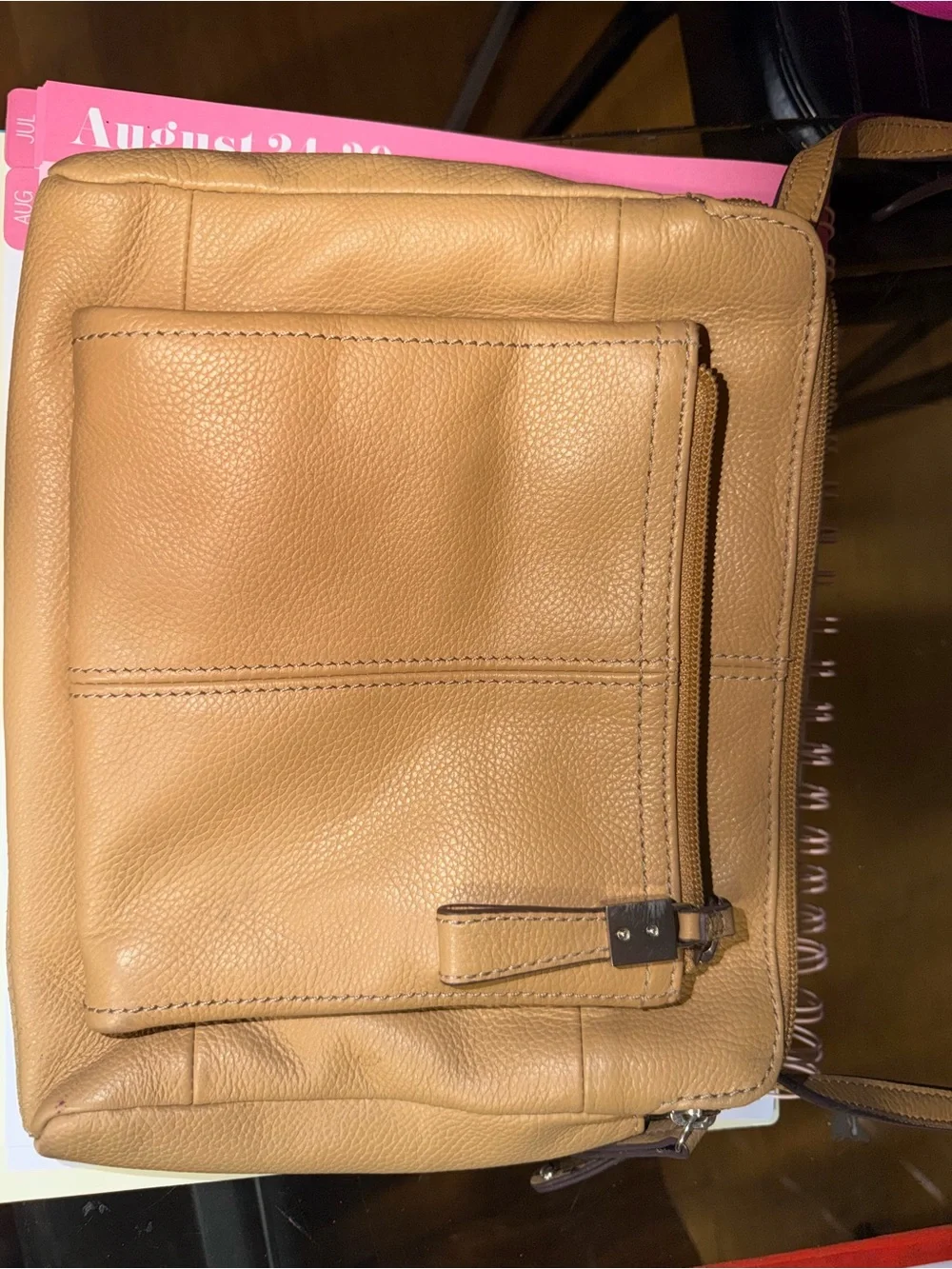 Tignanello Tan Leather Crossbody Bag with Front Zip Pocket AUTHENTIC BAG